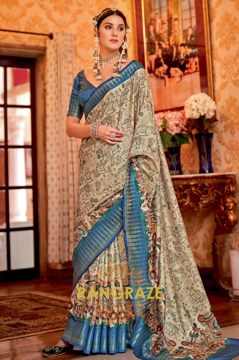 Cobalt Blue Beige Weaving Rich Print Manipuri Temple Patta Saree