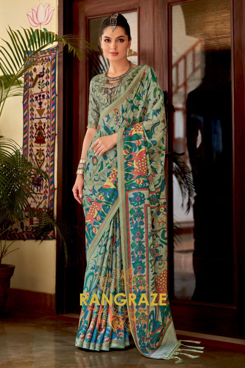 Turquoise Green Weaving Katav Jari Pata Printed Saree