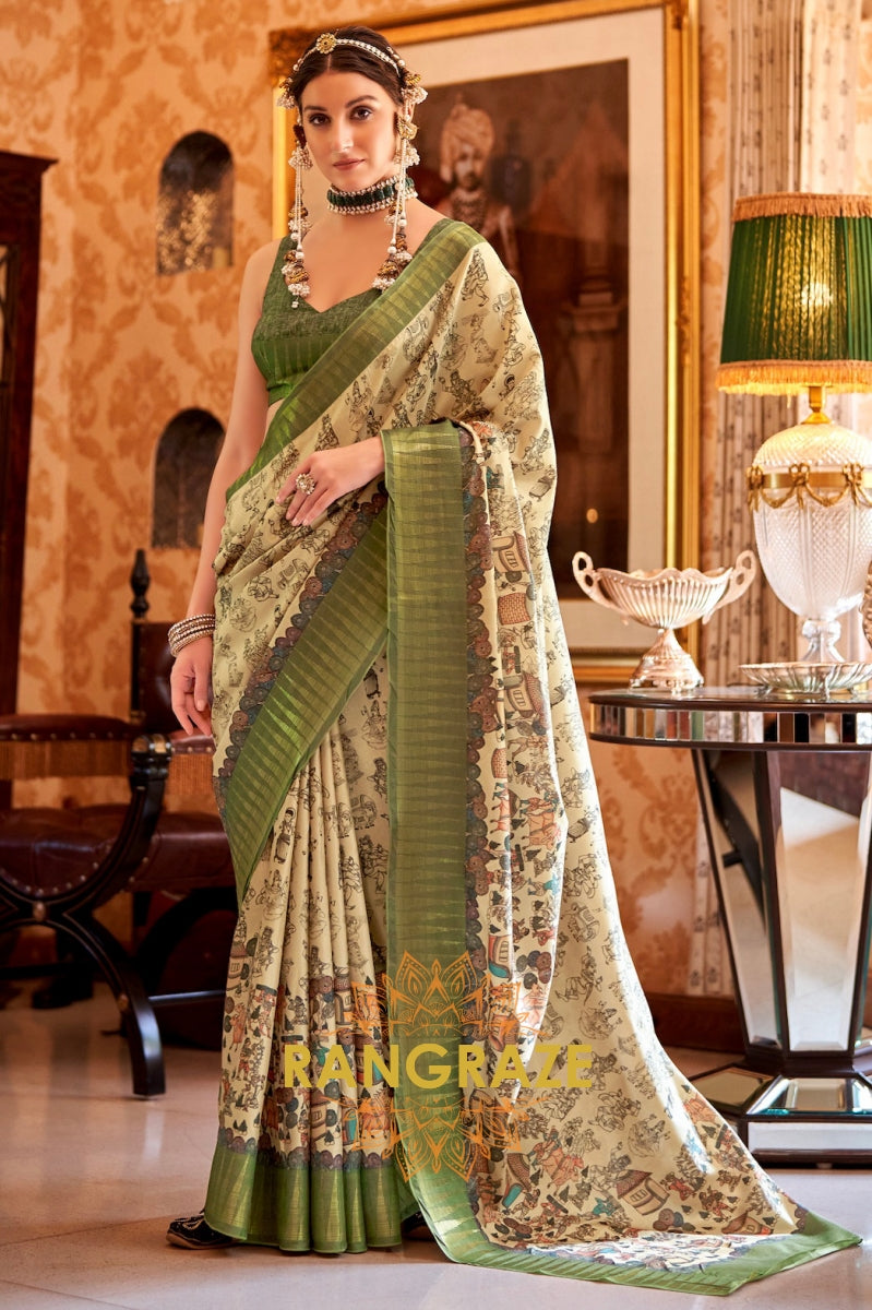 Parrot Green Beige Weaving Rich Print Manipuri Temple Patta Saree