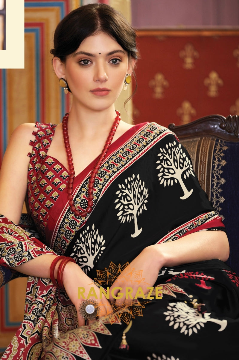 Floral Black Multi Shade Ajrakh Printed Satin Silk Saree