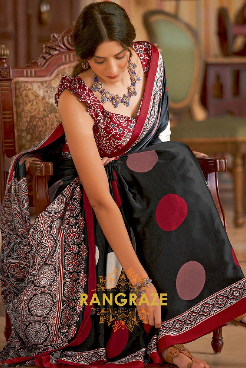 Black Multi Shade Ajrakh Printed Satin Silk Saree