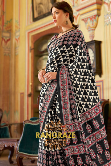 Black White Multi Shade Ajrakh Printed Satin Silk Saree