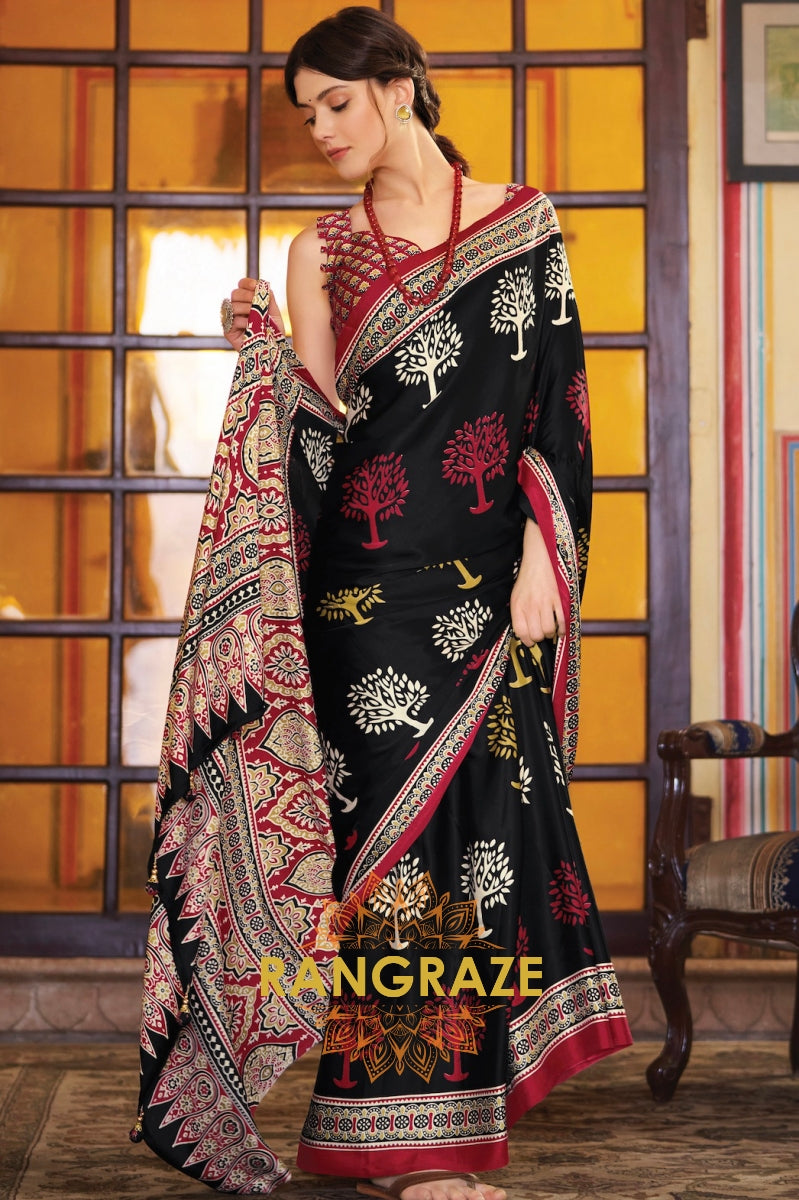 Floral Black Multi Shade Ajrakh Printed Satin Silk Saree