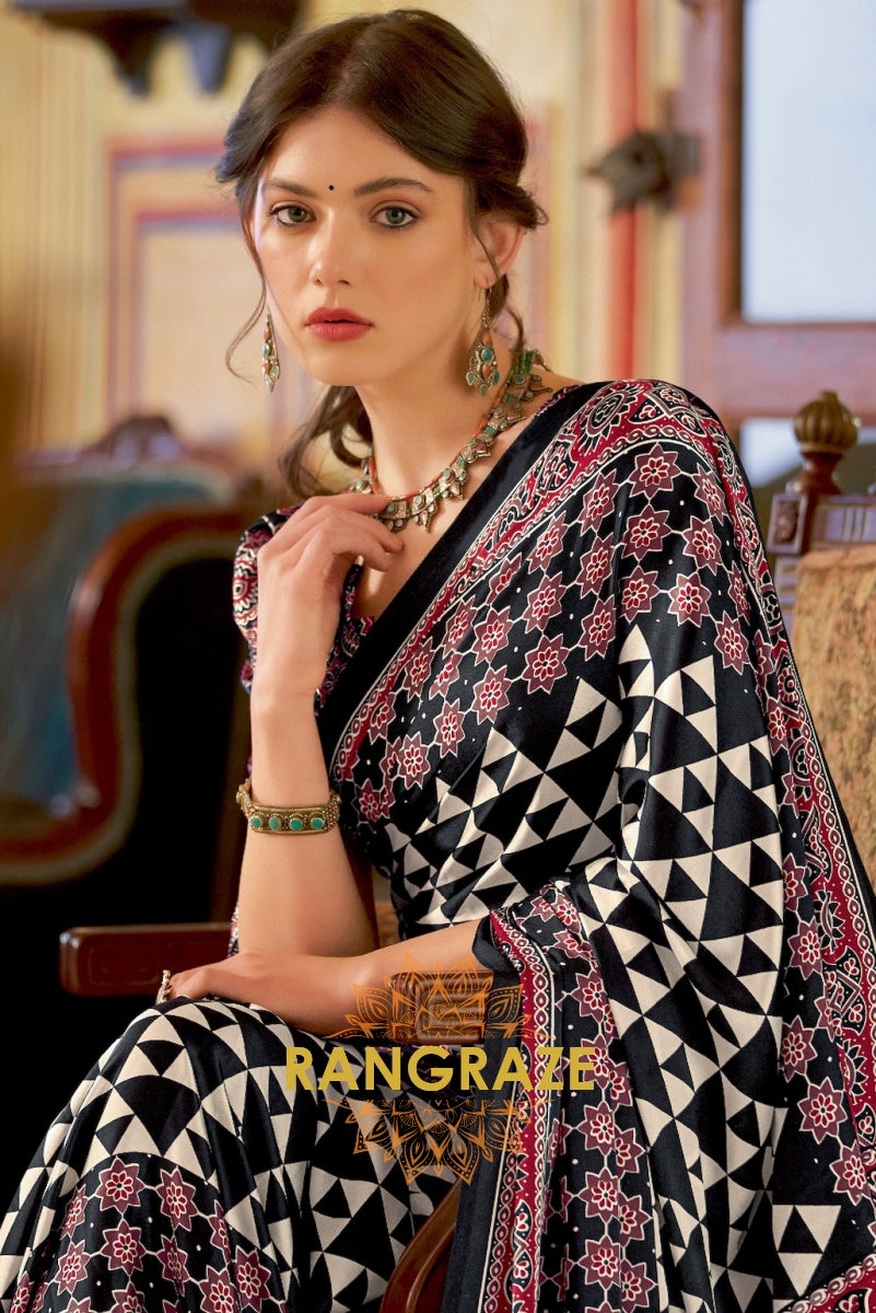 Black White Multi Shade Ajrakh Printed Satin Silk Saree