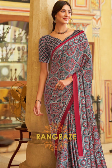 Navy Blue Multi Shade Red Ajrakh Printed Satin Silk Saree