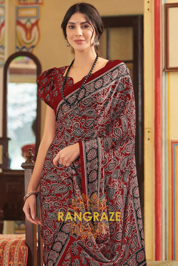 Red Maroon Multi Shade Ajrakh Printed Satin Silk Saree