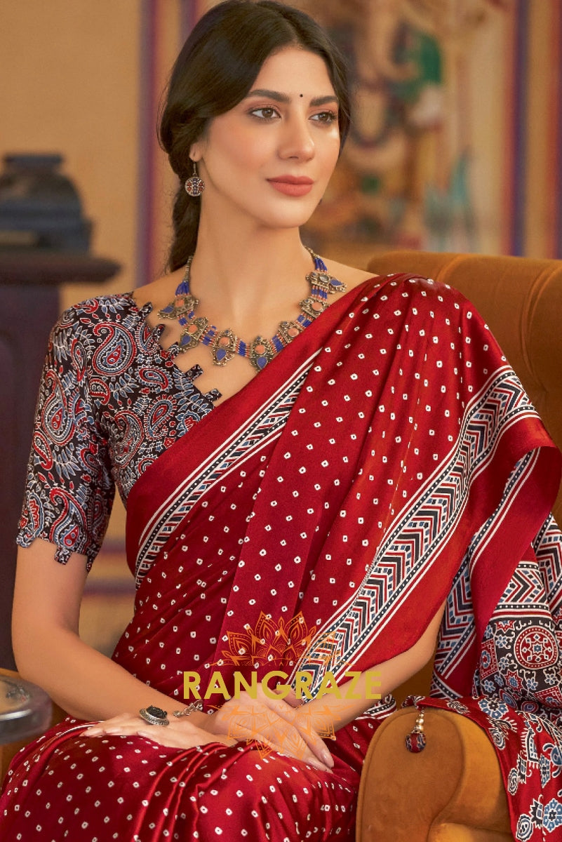 Red Shade Ajrakh Printed Satin Silk Saree