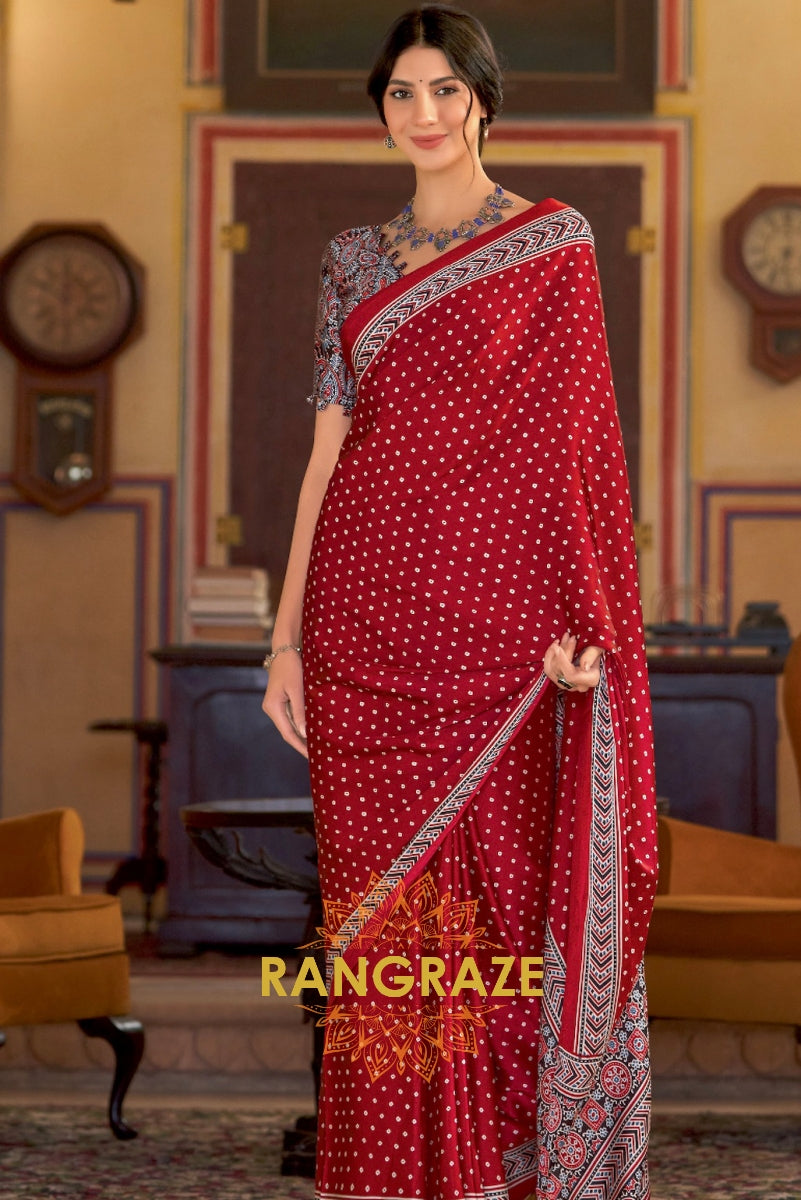 Red Shade Ajrakh Printed Satin Silk Saree