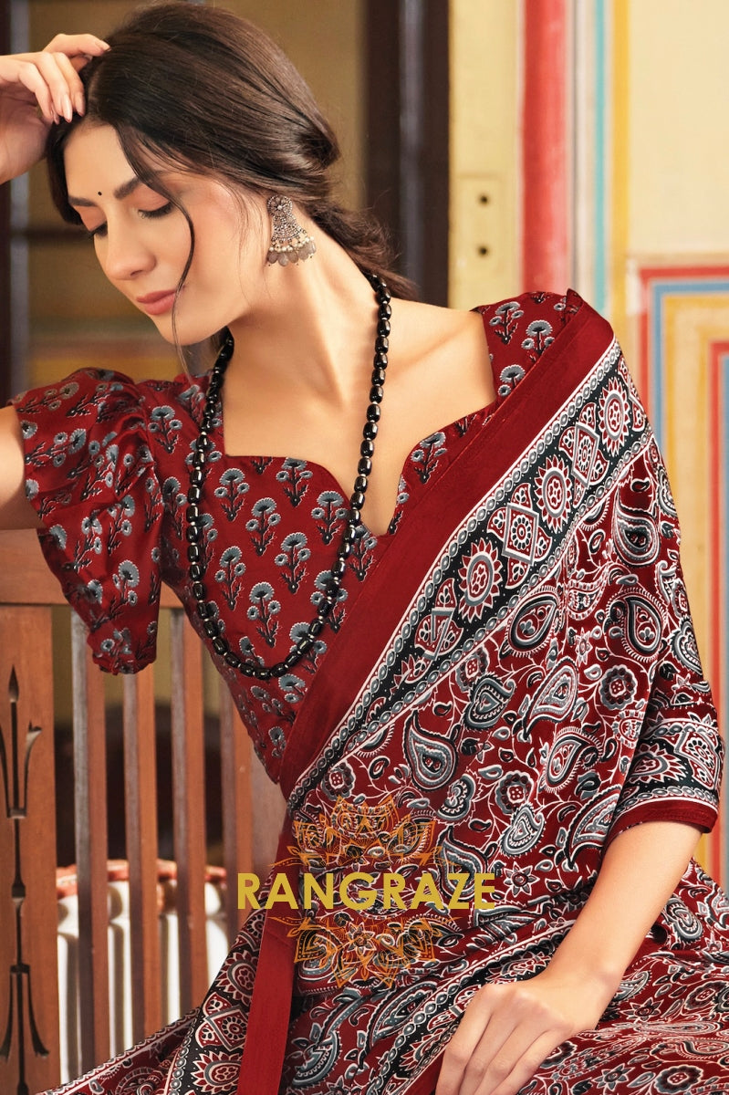 Red Maroon Multi Shade Ajrakh Printed Satin Silk Saree