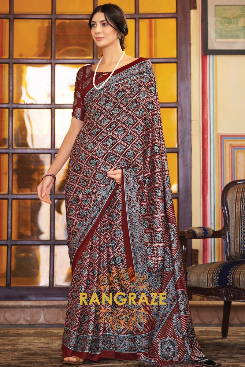 Maroon Red Multi Shade Ajrakh Printed Satin Silk Saree