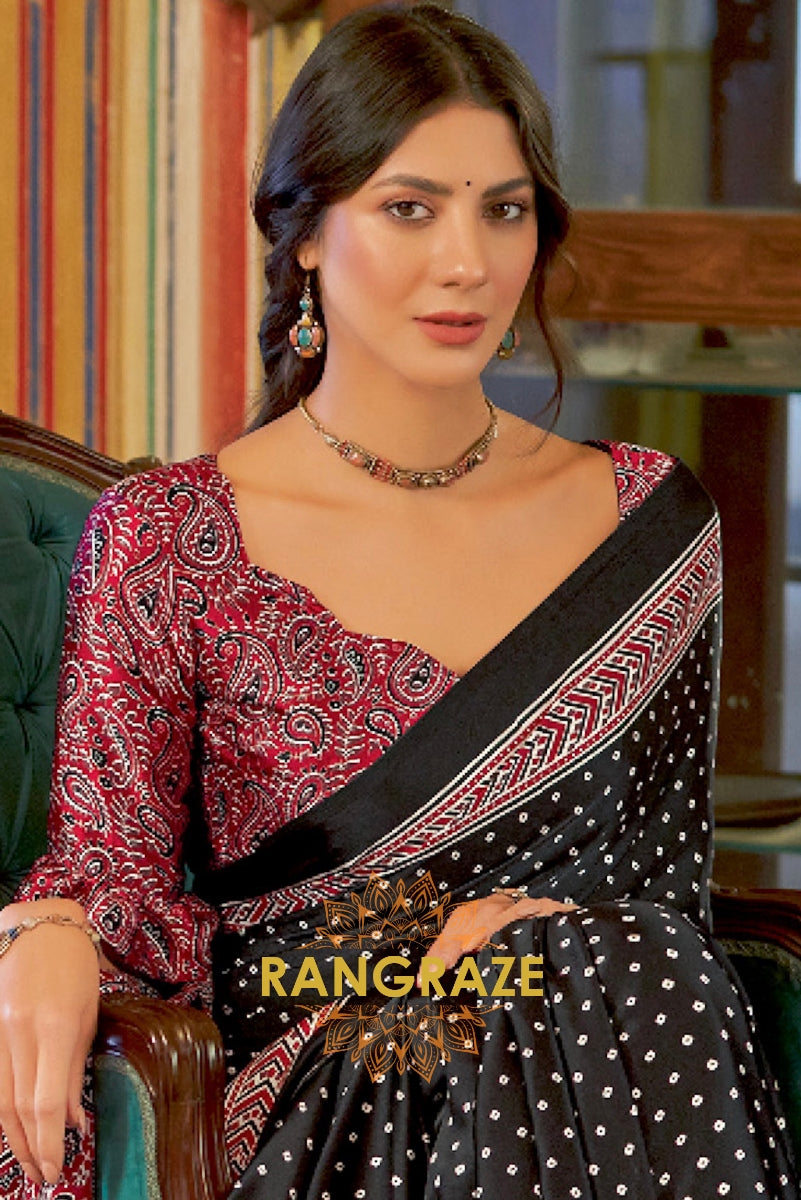 Black Shade Ajrakh Printed Satin Silk Saree