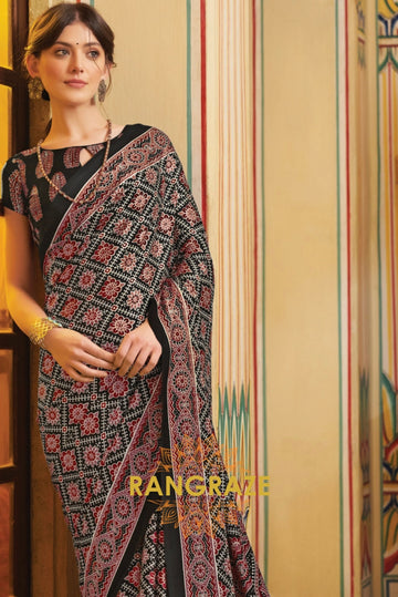 Golden Black Multi Shade Ajrakh Printed Satin Silk Saree