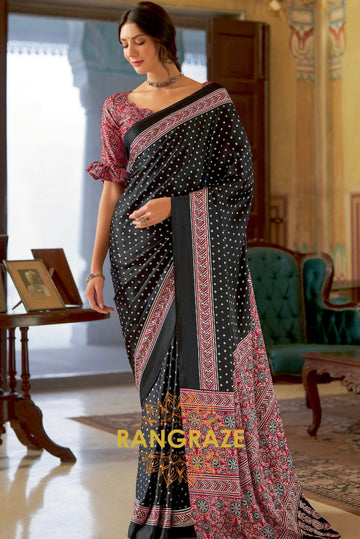 Black Shade Ajrakh Printed Satin Silk Saree