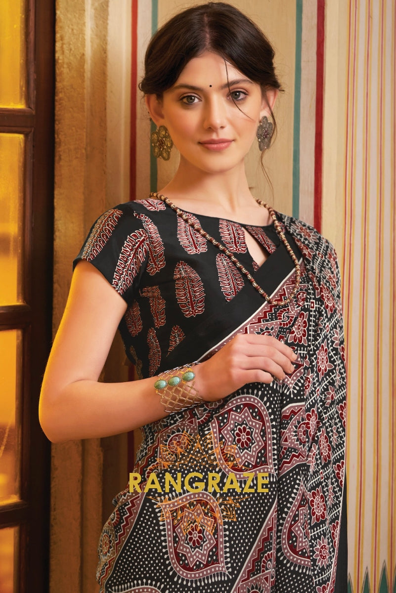 Golden Black Multi Shade Ajrakh Printed Satin Silk Saree