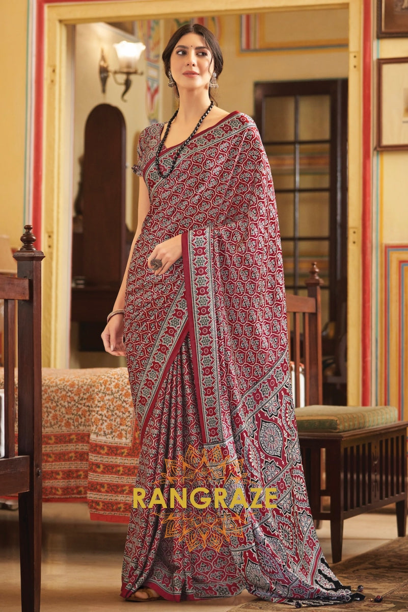 Red White Ajrakh Printed Satin Silk Saree