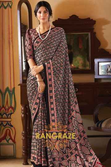 Black Red Ajrakh Printed Satin Silk Saree