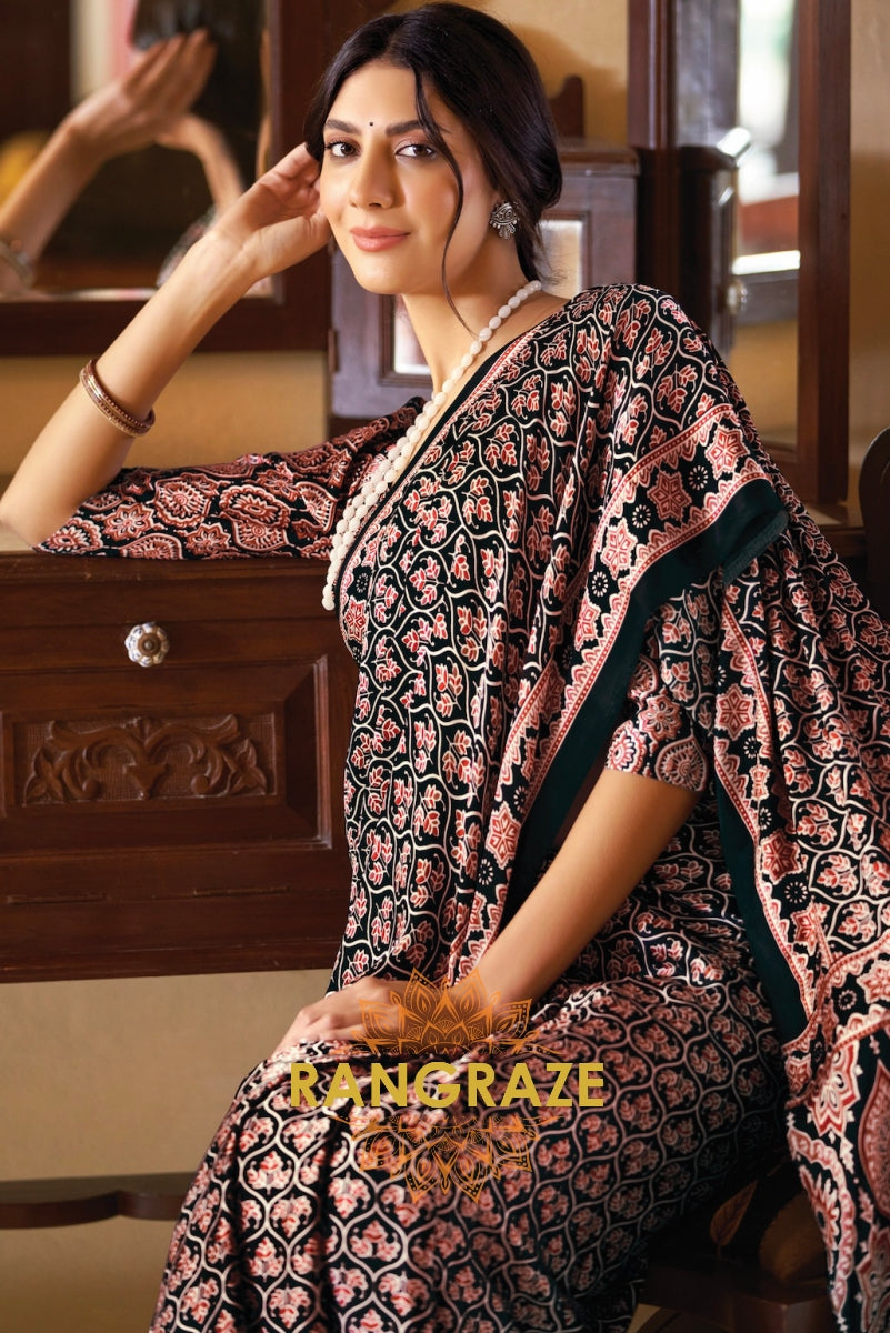 Black Red Ajrakh Printed Satin Silk Saree