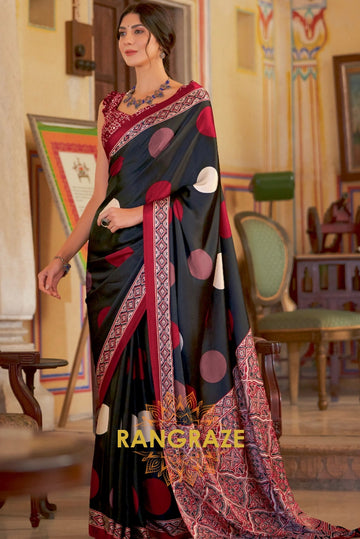 Black Multi Shade Ajrakh Printed Satin Silk Saree