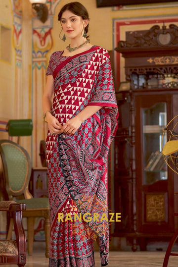 Red White Multi Shade Ajrakh Printed Satin Silk Saree