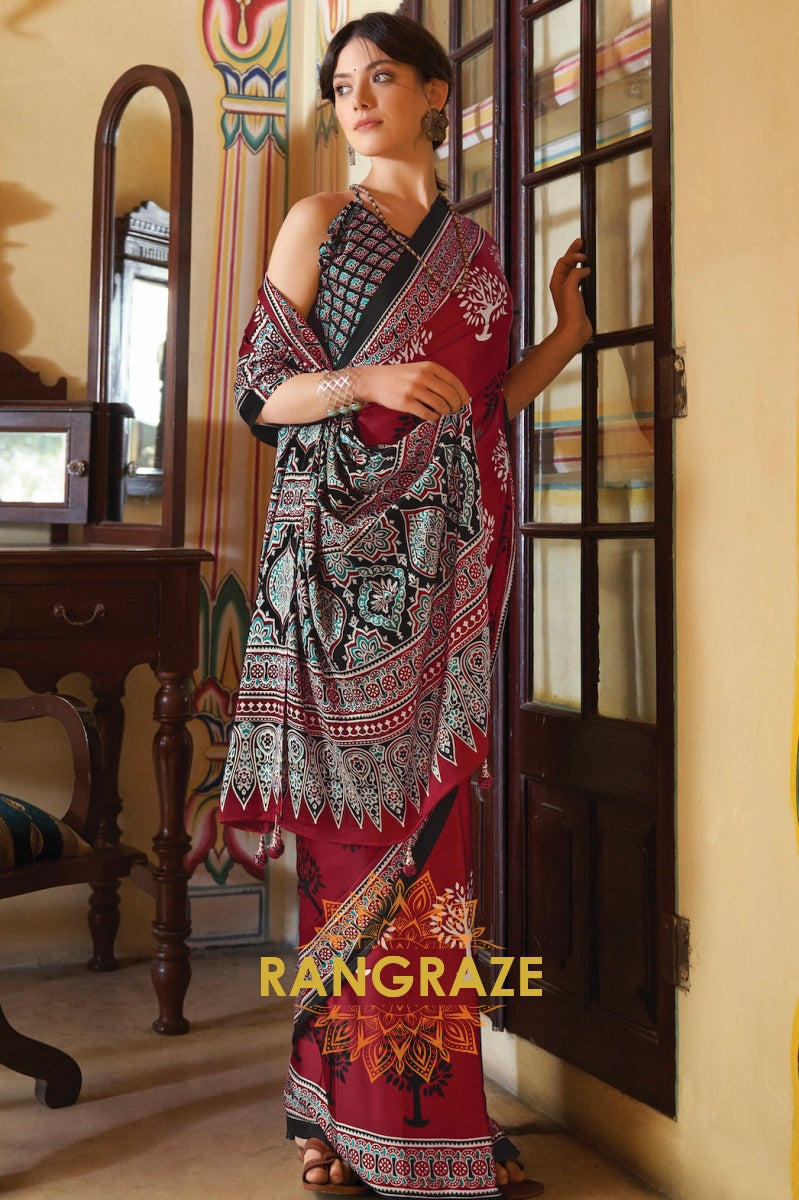 Floral Red Multi Shade Ajrakh Printed Satin Silk Saree