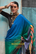 Elegant Blue And Green Printed Satin Crepe Saree