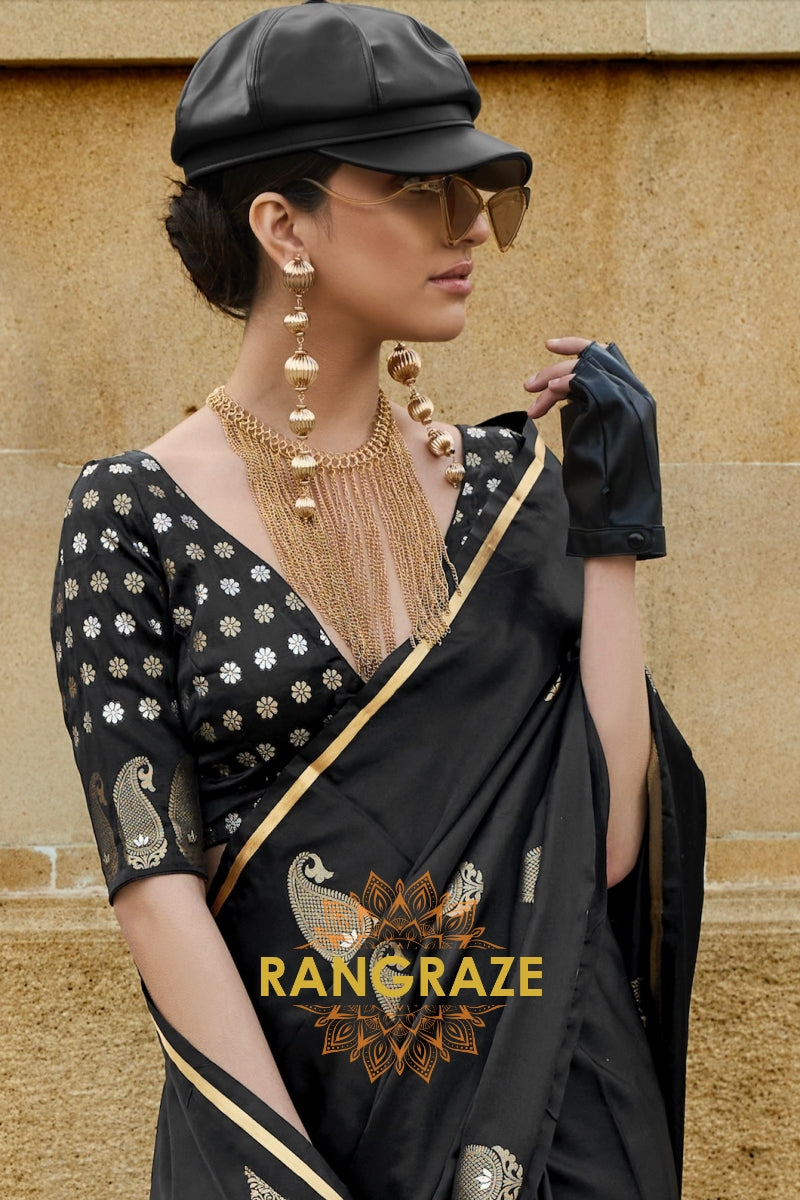 Royal Black Woven Satin Silk Saree