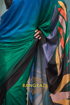 Elegant Blue And Green Printed Satin Crepe Saree