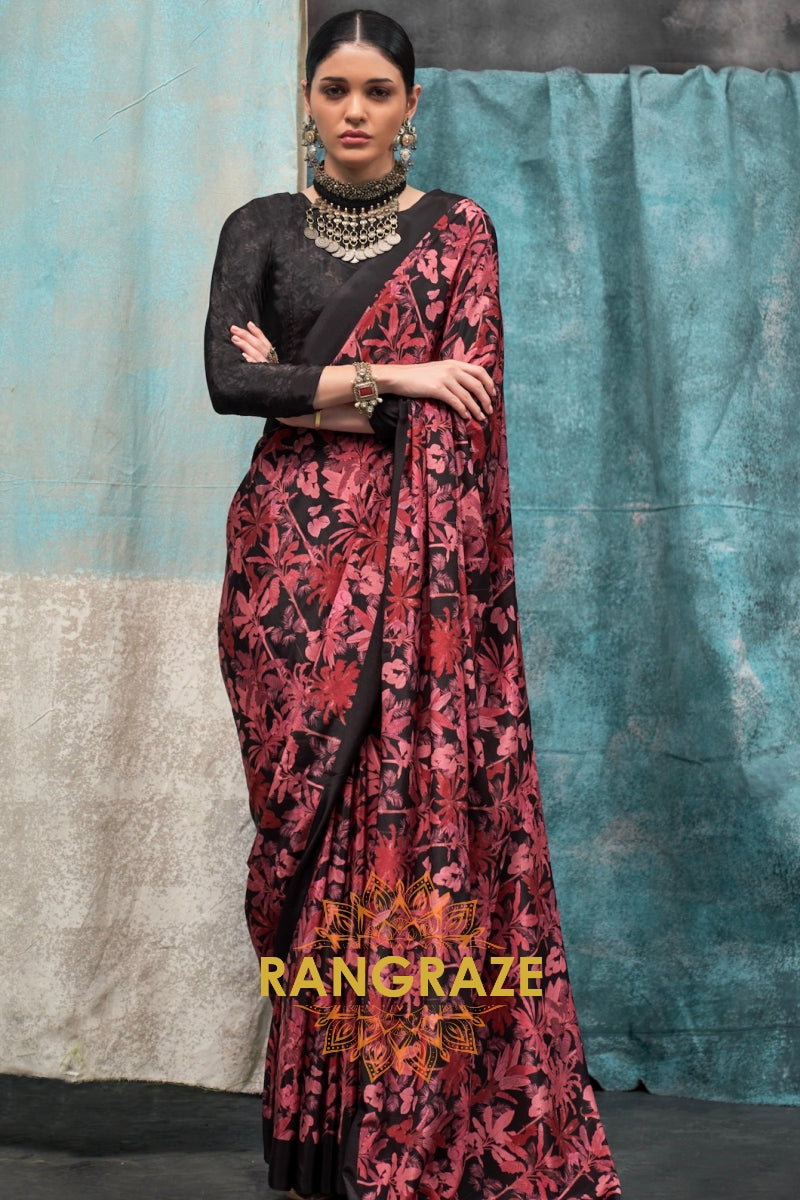 Black And Red Floral Printed Satin Crepe Saree