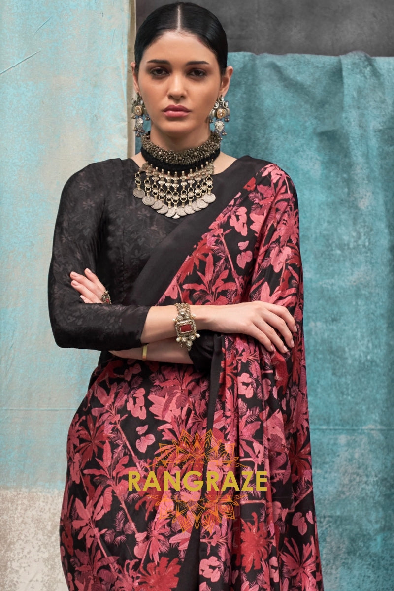 Black And Red Floral Printed Satin Crepe Saree