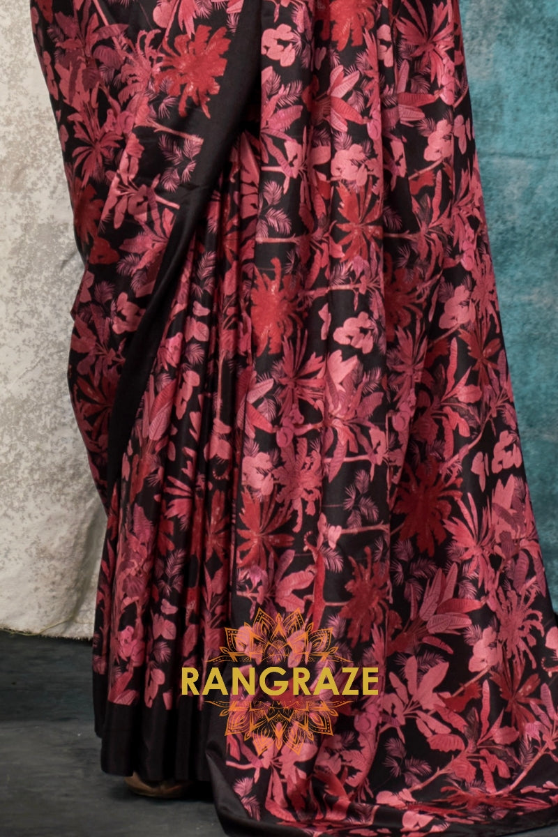 Black And Red Floral Printed Satin Crepe Saree