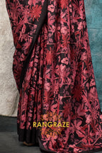 Black And Red Floral Printed Satin Crepe Saree