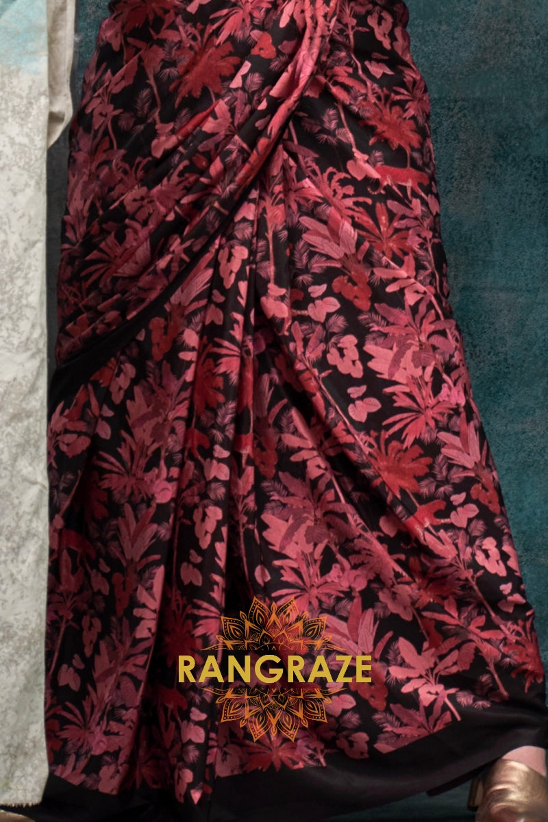 Black And Red Floral Printed Satin Crepe Saree