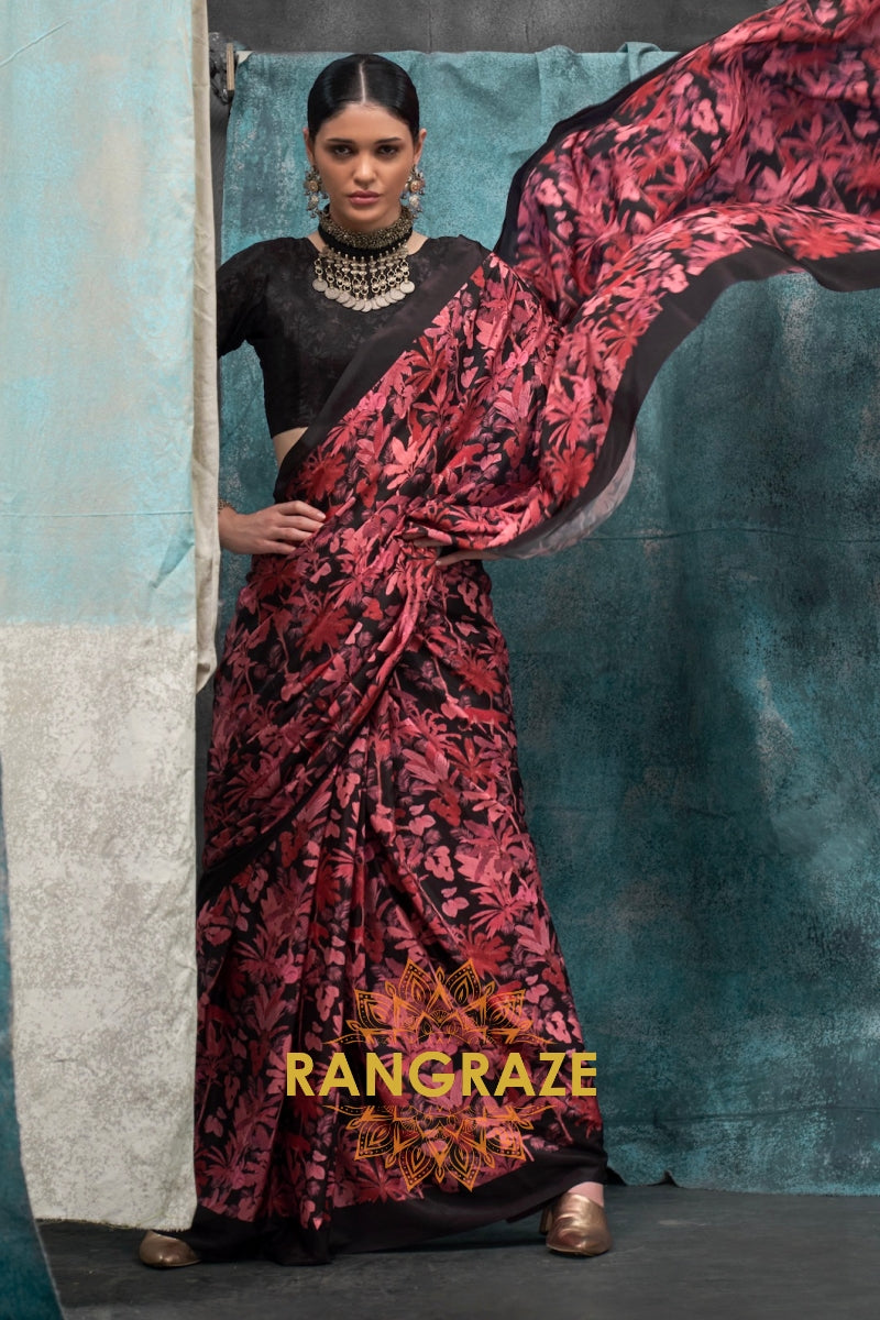 Black And Red Floral Printed Satin Crepe Saree