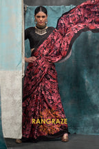 Black And Red Floral Printed Satin Crepe Saree