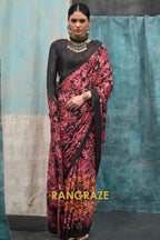 Black And Red Floral Printed Satin Crepe Saree
