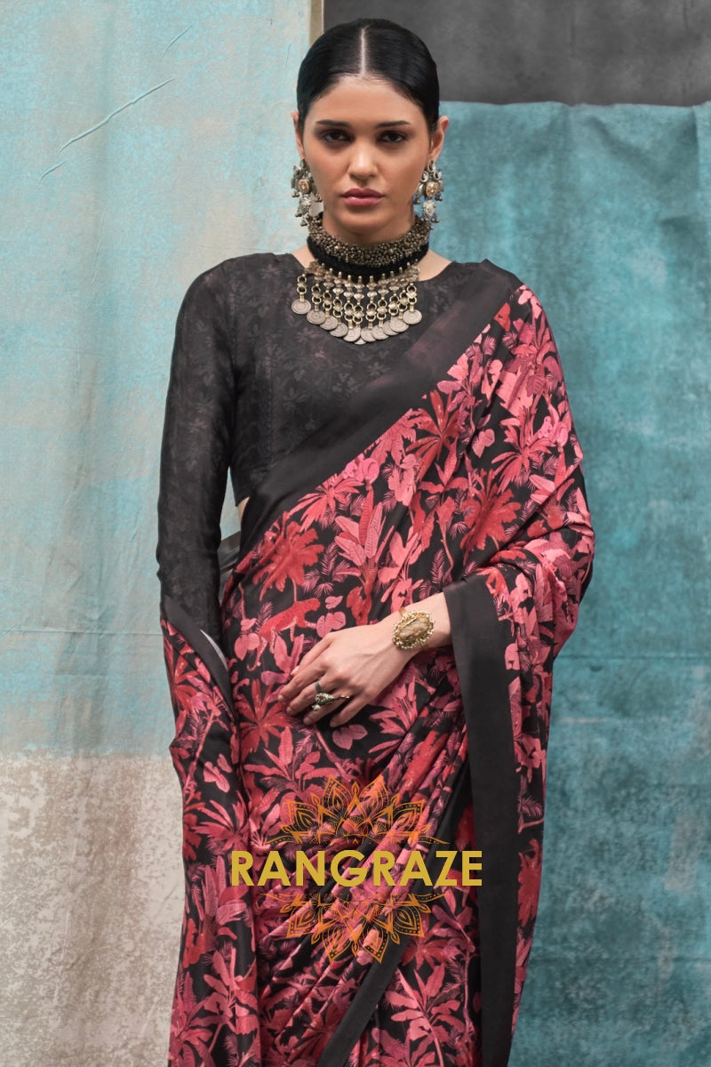 Black And Red Floral Printed Satin Crepe Saree