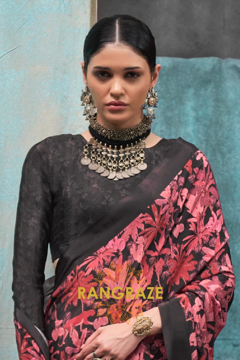 Black And Red Floral Printed Satin Crepe Saree