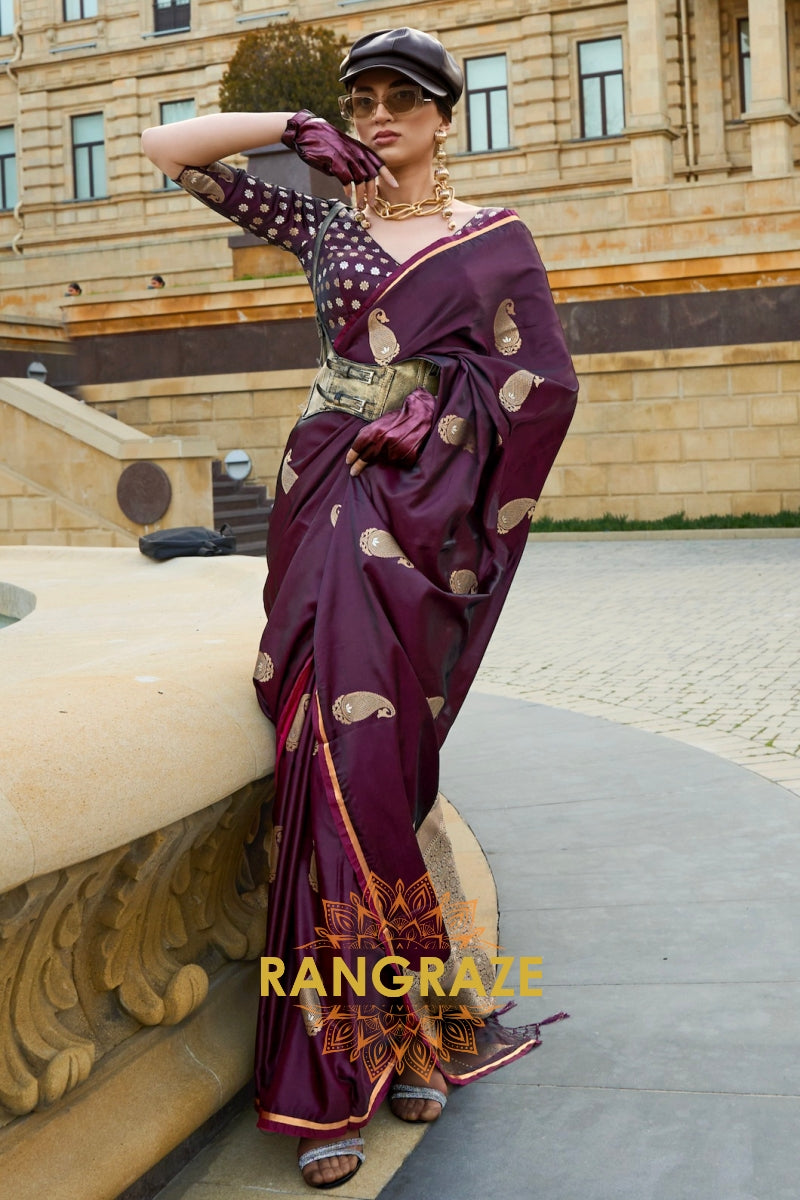 Royal Wine Woven Satin Silk Saree