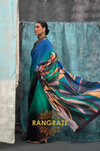 Elegant Blue And Green Printed Satin Crepe Saree