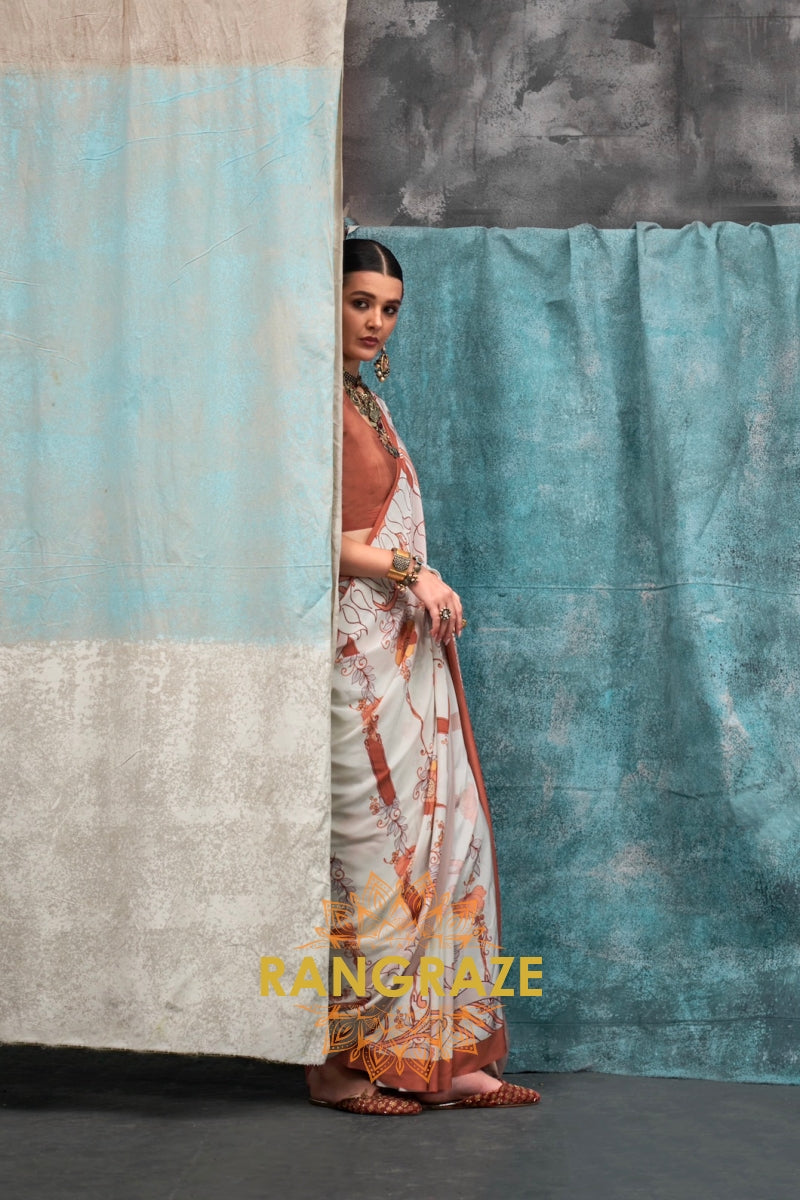 Ivory And Rust Floral Printed Satin Crepe Saree