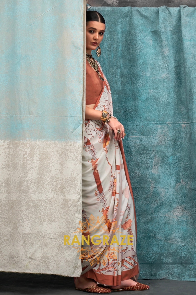 Ivory And Rust Floral Printed Satin Crepe Saree