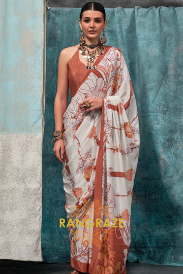 Ivory And Rust Floral Printed Satin Crepe Saree