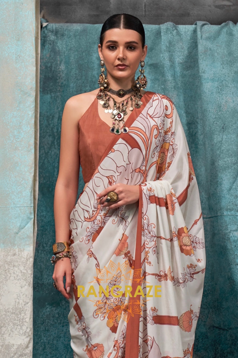 Ivory And Rust Floral Printed Satin Crepe Saree