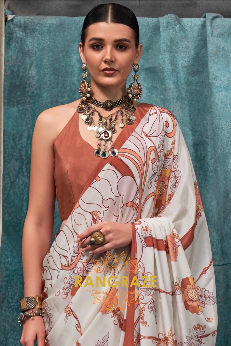 Ivory And Rust Floral Printed Satin Crepe Saree