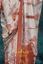Ivory And Rust Floral Printed Satin Crepe Saree