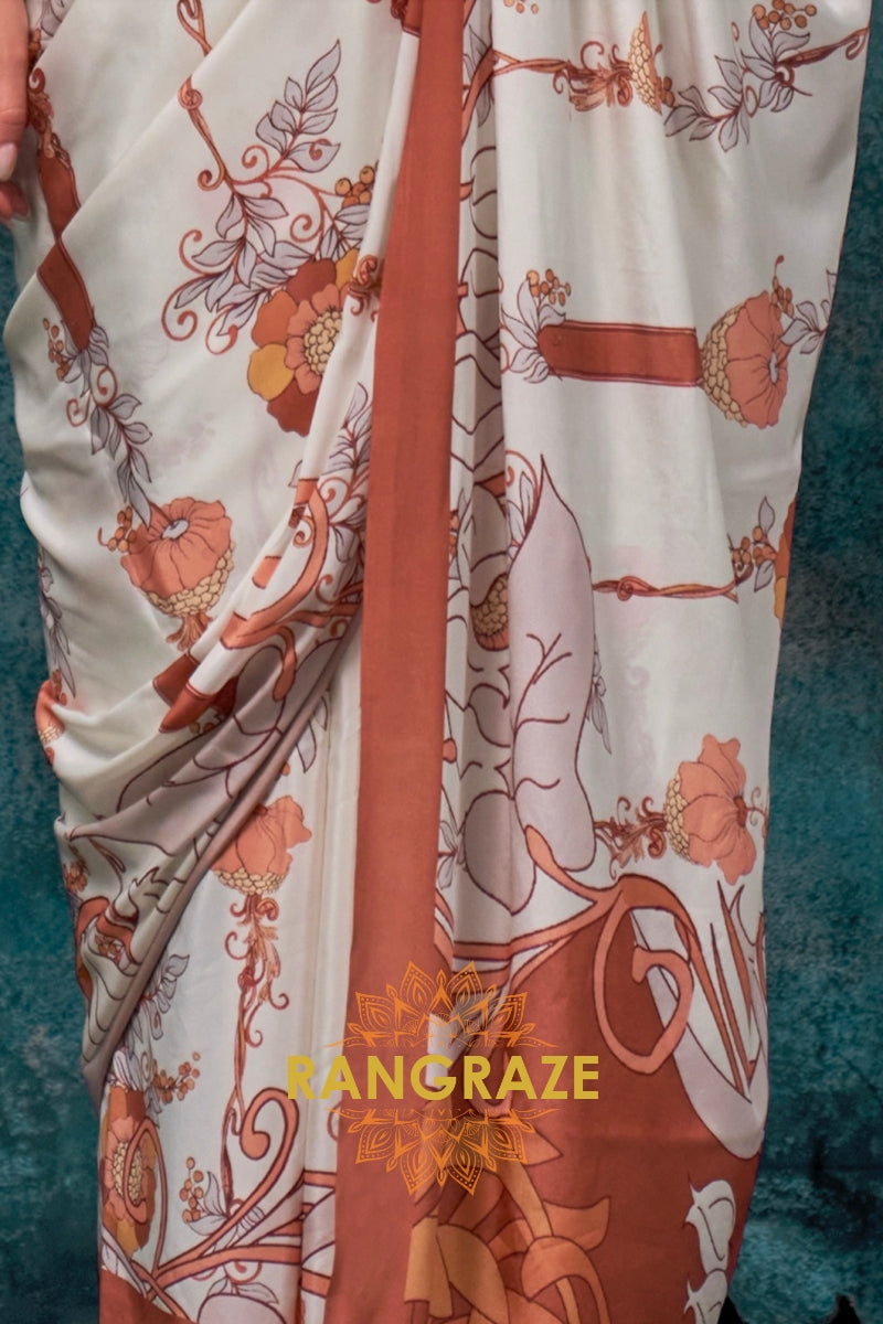 Ivory And Rust Floral Printed Satin Crepe Saree