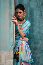 Aqua And White Abstract Printed Satin Crepe Saree