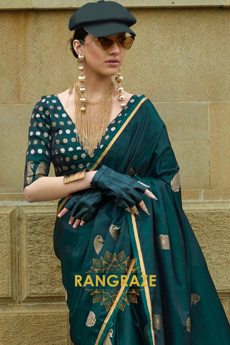 Beautiful Green Woven Satin Silk Saree