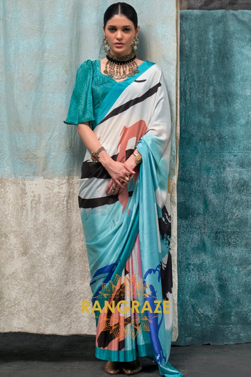 Aqua And White Abstract Printed Satin Crepe Saree