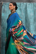Elegant Blue And Green Printed Satin Crepe Saree
